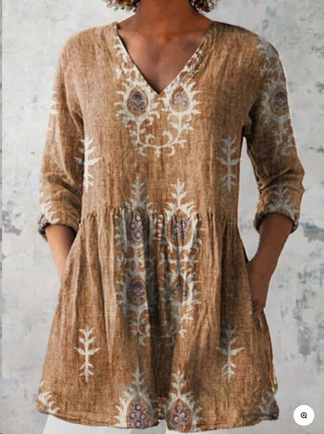 Women's 3D Printed V-Neck Dress | European-Style Regular Sleeve Polyester Dress