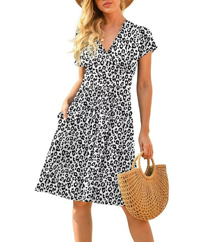 Women's Printed Midi Dress – High Waist, V-Neck & Pocket | S–3XL