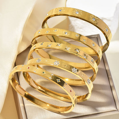 Sunflower Crystal Cuff Bracelet | Vintage Gold Titanium Steel Bangle