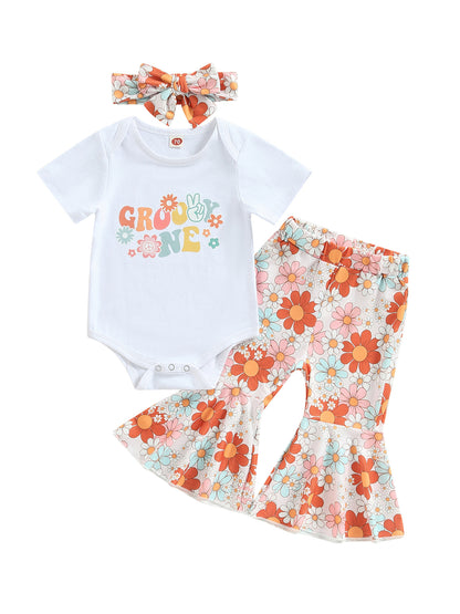 Baby Girls' Floral Romper, Bell-Bottom Pants & Headscarf Set