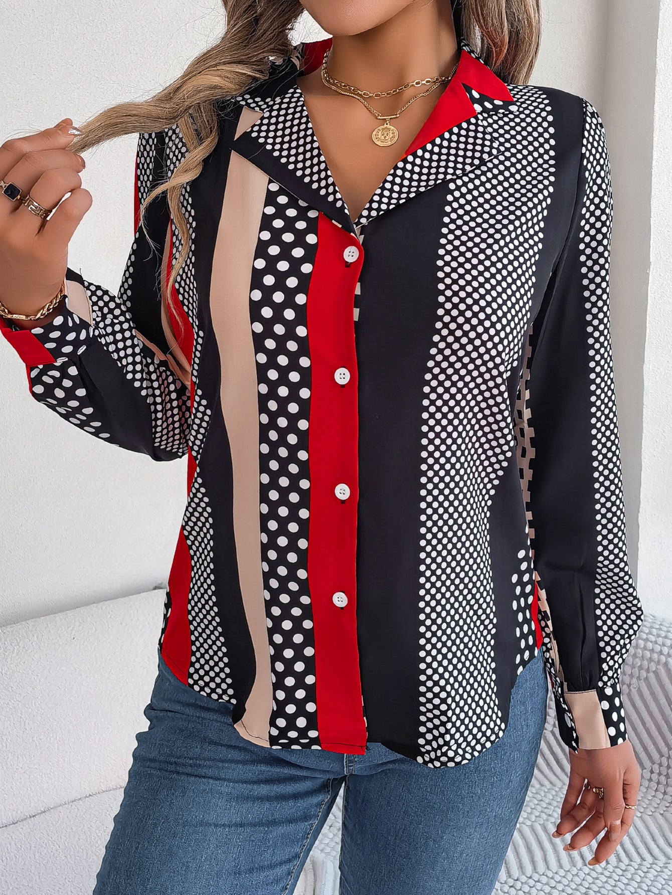 Women's Elegant Colour Block Long-Sleeve Shirt
