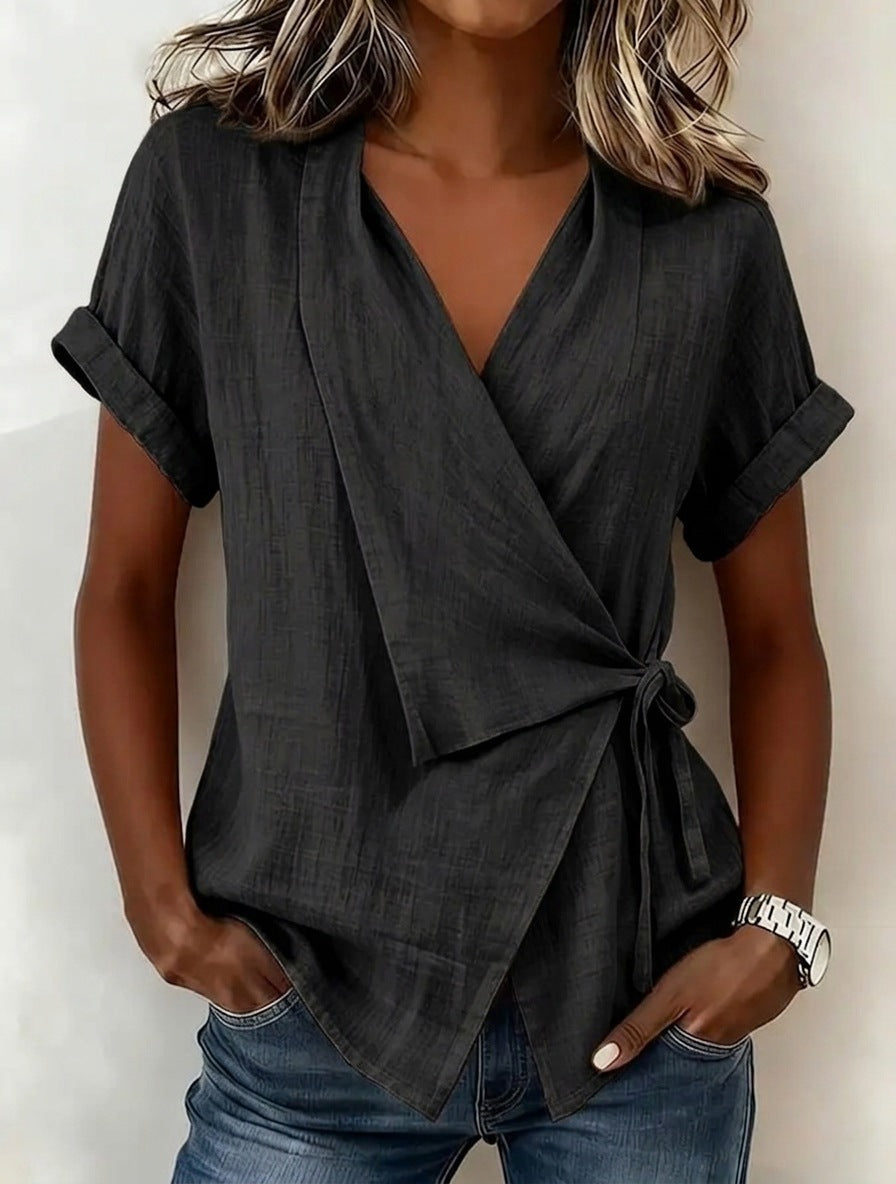 Women's Cotton-Linen Lapel Lace-Up Short-Sleeve Top