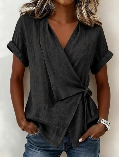 Women's Cotton-Linen Lapel Lace-Up Short-Sleeve Top