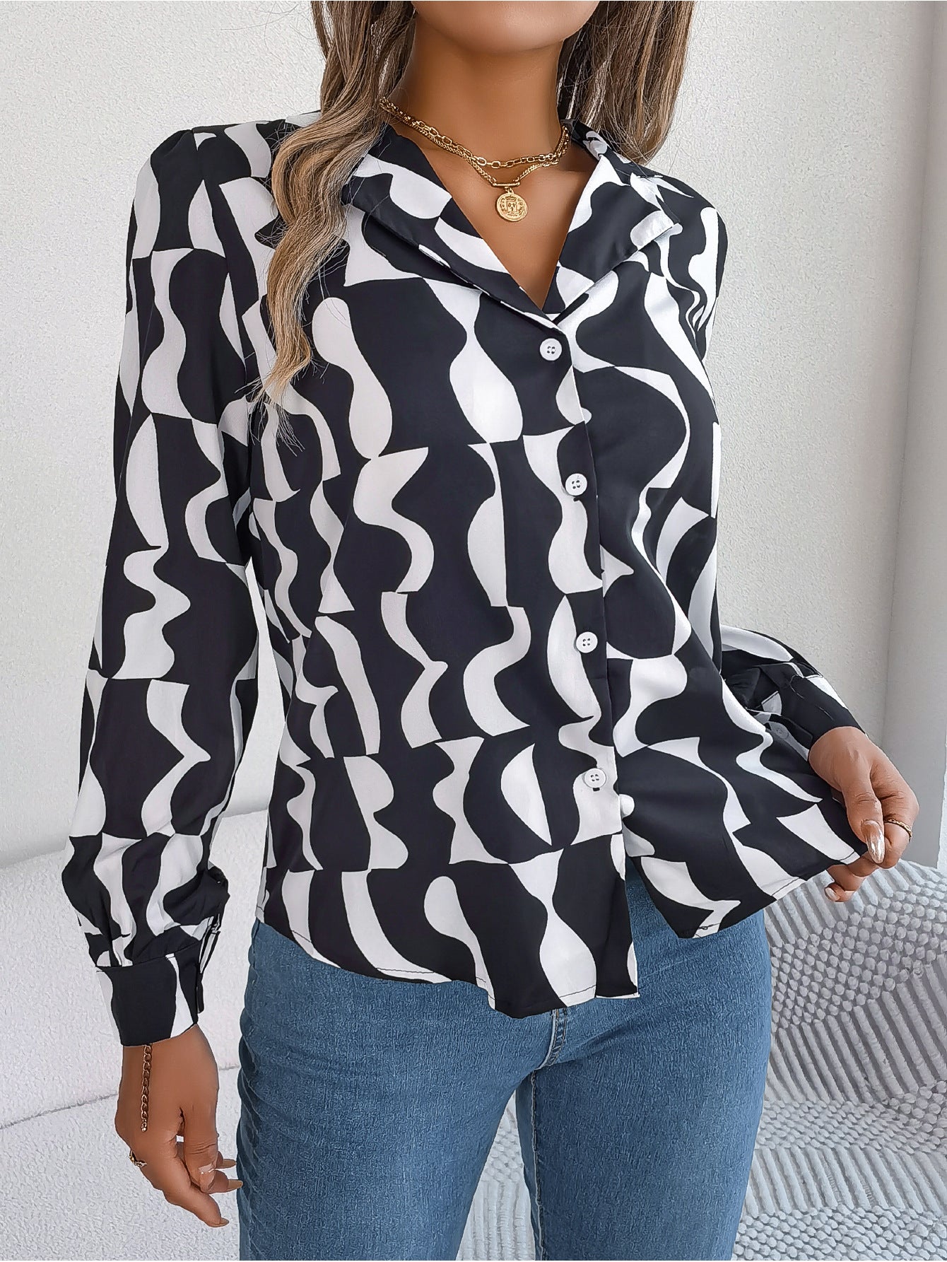 Women's Colour Block Long Sleeve Shirt | Notched Lapel