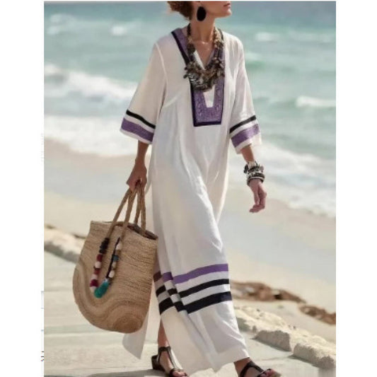 Women's Floral Kaftan Dress | V-Neck Elbow Sleeve