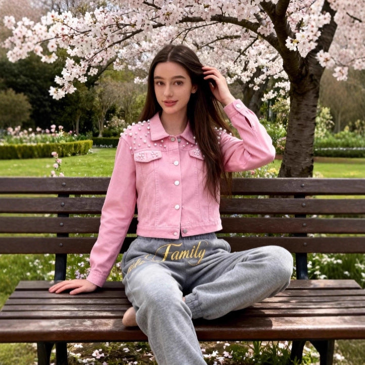 Women's Beaded Detail Slim Fit Denim Jacket – Pink | Sizes S–5XL