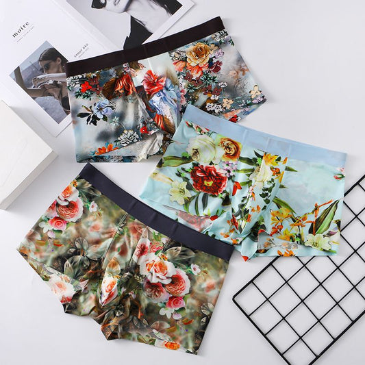 Men's Ice Silk Seamless Boxer Briefs Floral Print 2-Pack
