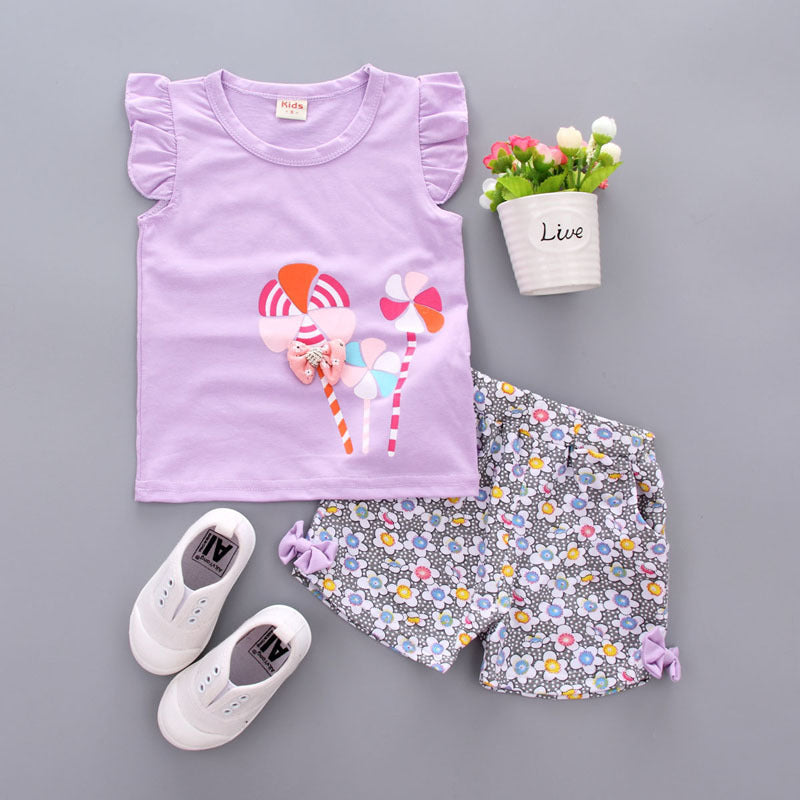 Girls' Cartoon Print Short-Sleeve Top & Shorts Set