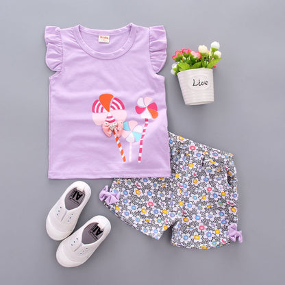 Girls' Cartoon Print Short-Sleeve Top & Shorts Set