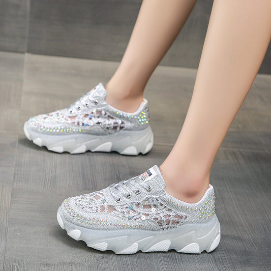 Women's Rhinestone Mesh Chunky Sole Shoes | Height-Increasing | Sizes 35-40