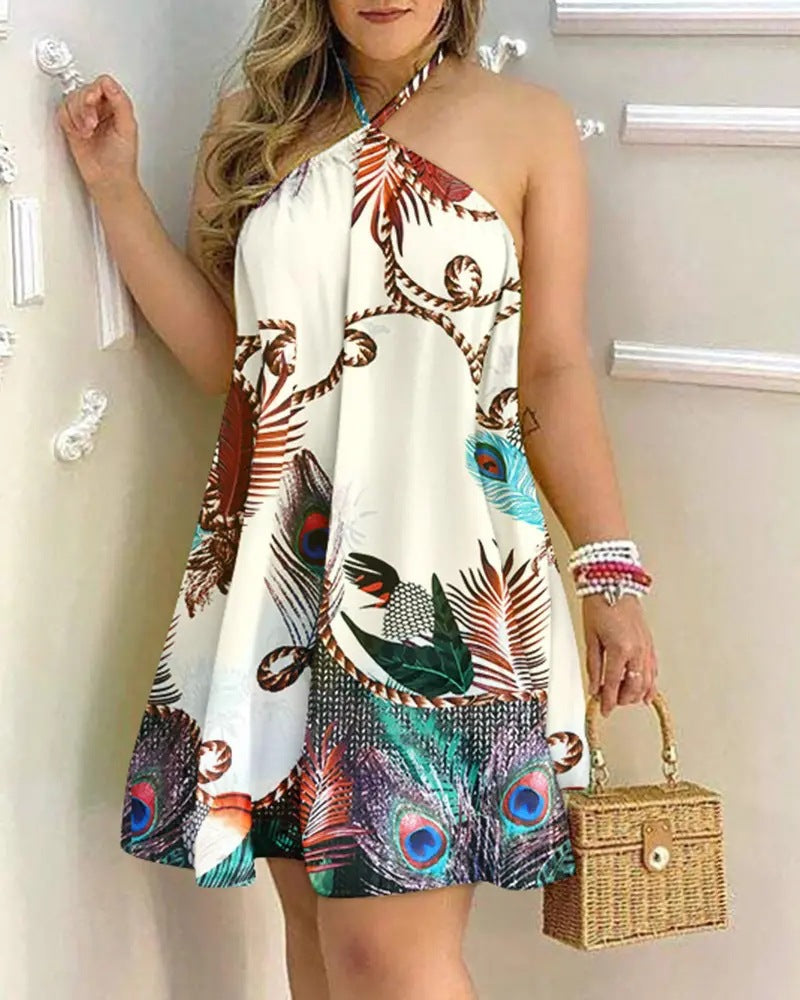 Women's 3D Print A-Line Midi Dress | Off-Shoulder Halter Summer Dress