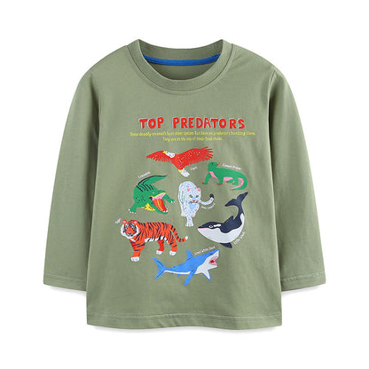 Children's Cartoon Animal Print Long Sleeve T-Shirt | Boys Cotton Top