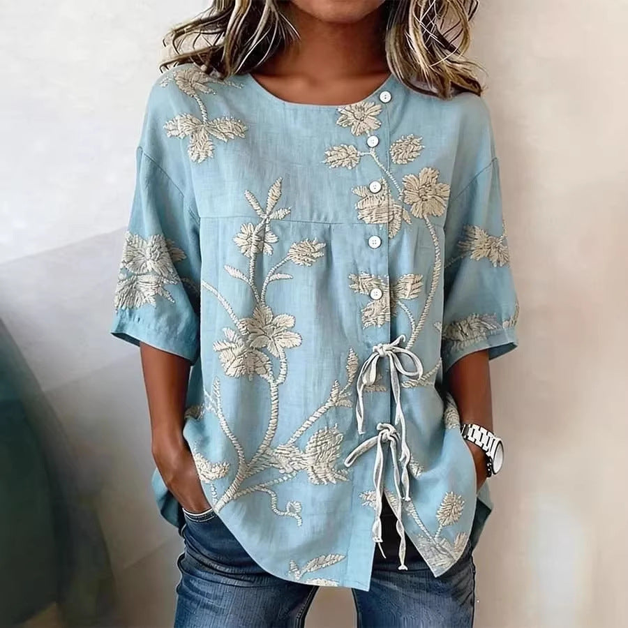 Women's Floral 3D Print Loose Pullover Top | Casual Commuter Cotton-Blend Shirt