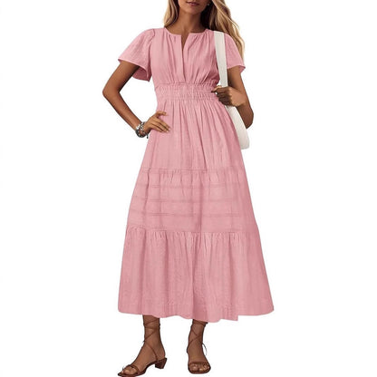 Women's V-Neck Pleated Puff Sleeve Maxi Dress