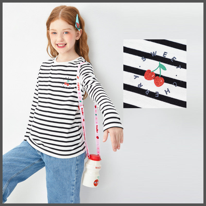 Girls Striped Cotton Long Sleeve Top | Ages 7–14, 3 Colours