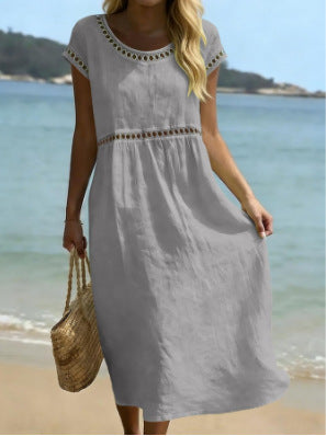 Women's Cotton-Linen A-Line Dress with Embroidered Lace Trim