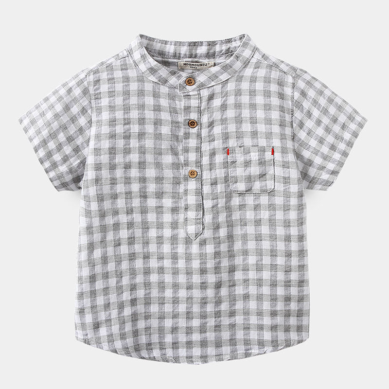 Boys' Cotton Plaid Short Sleeve Shirt | Blue & Grey Check