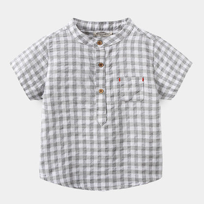Boys' Cotton Plaid Short Sleeve Shirt | Blue & Grey Check