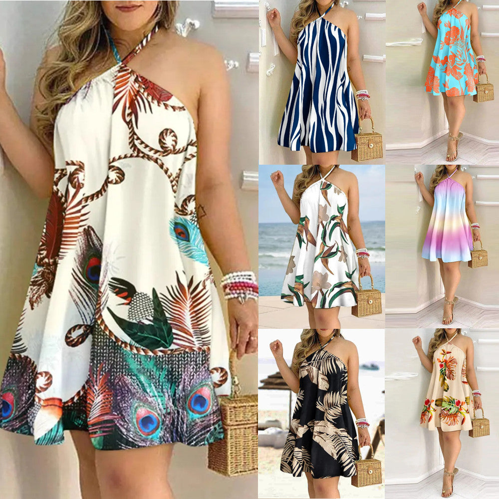 Women's 3D Print A-Line Midi Dress | Off-Shoulder Halter Summer Dress