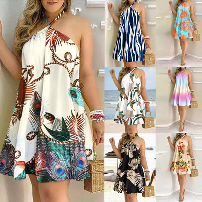 Women's 3D Print A-Line Midi Dress | Off-Shoulder Halter Summer Dress