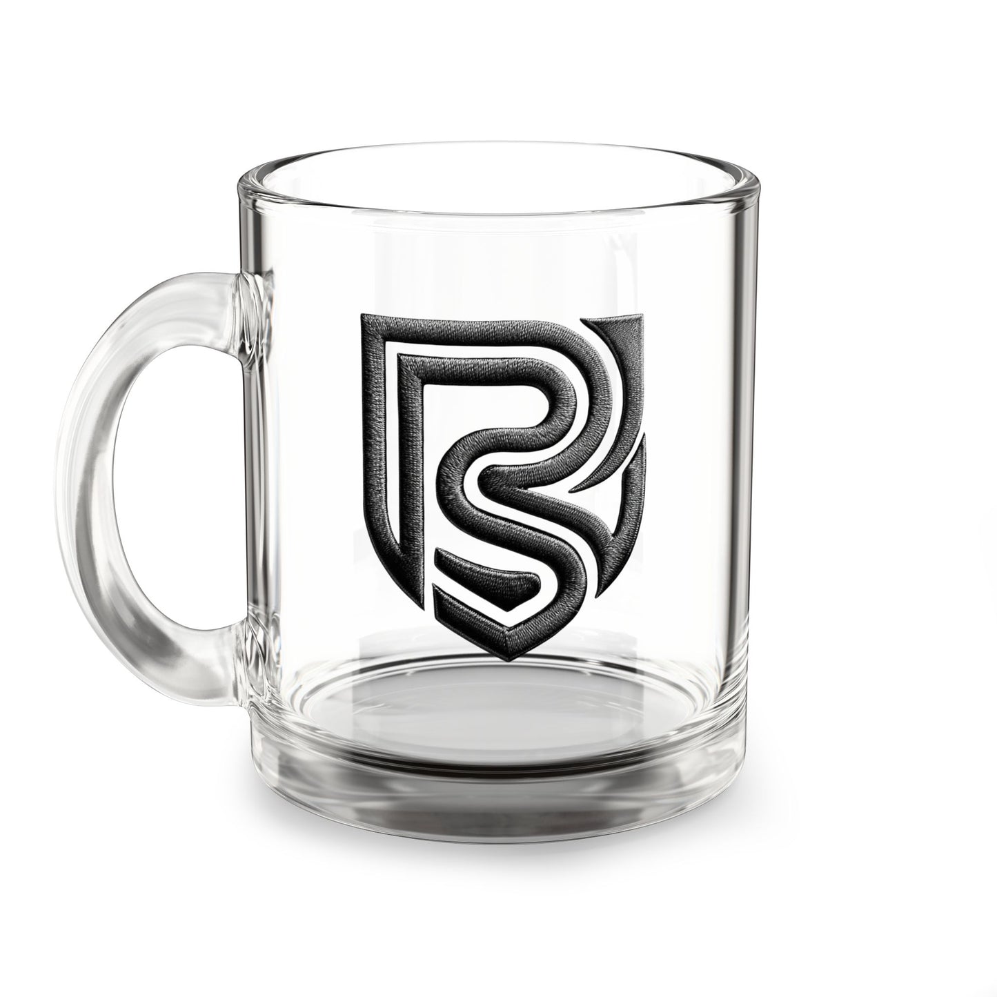Clear glass mug with a black logo on a white background