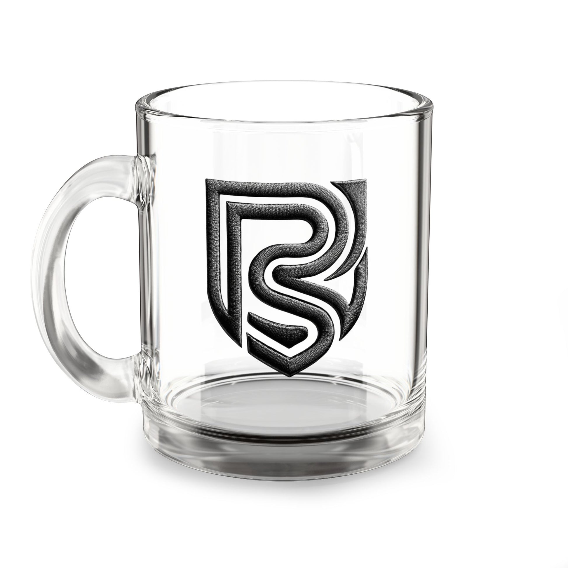 Clear glass mug with a black logo on a white background