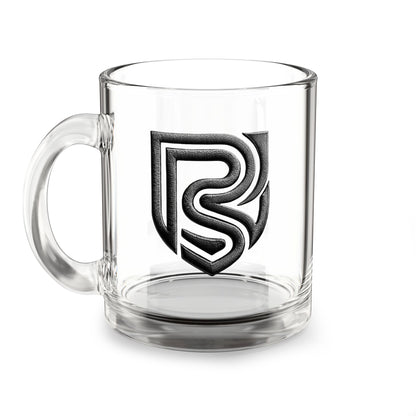 Clear glass mug with a black logo on a white background