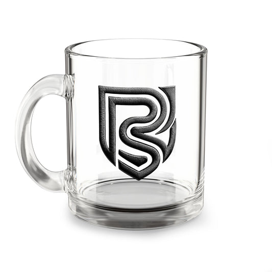 Clear glass mug with a black logo on a white background