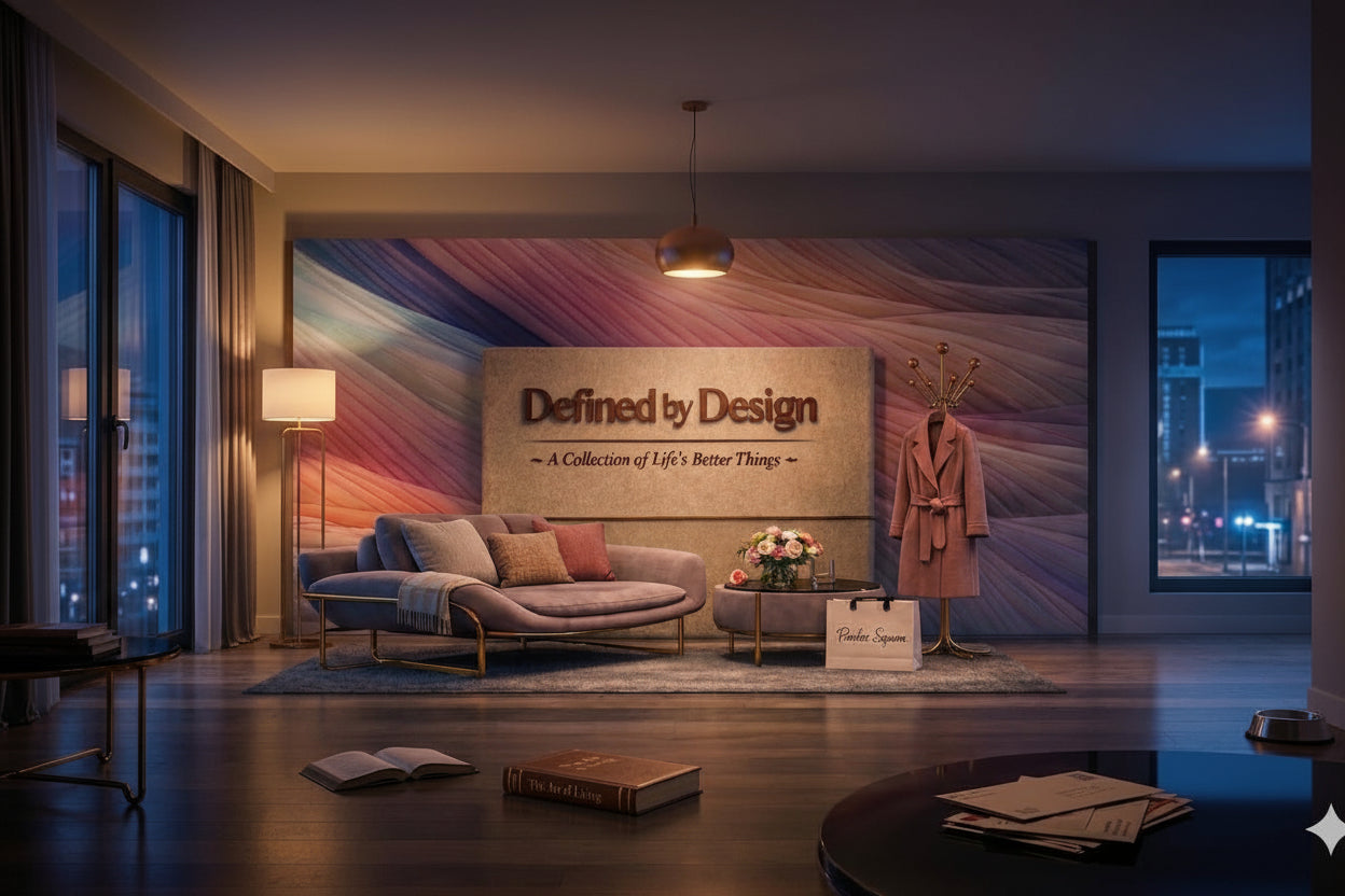 Modern living room with a large abstract wall art piece displaying 'Defined by Design'.