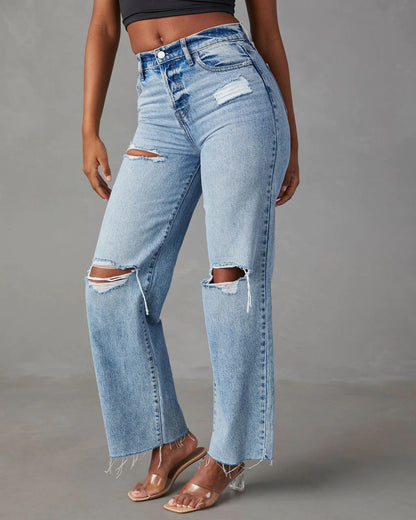 Women's High Waist Ripped Straight Leg Jeans