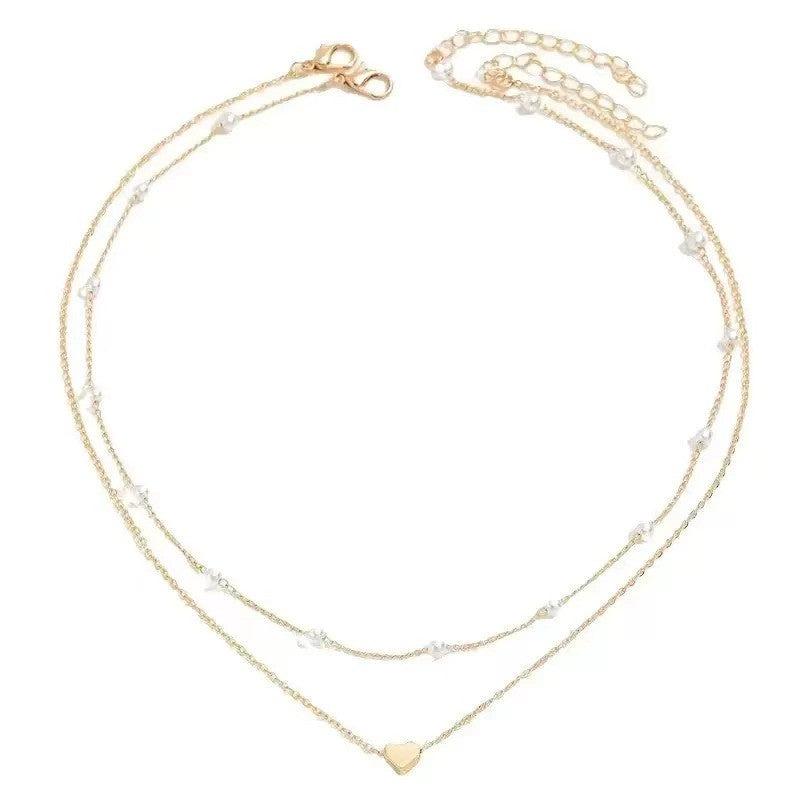 Pearl Heart Double-Layer Necklace | Light Luxury Alloy Pendant Necklace