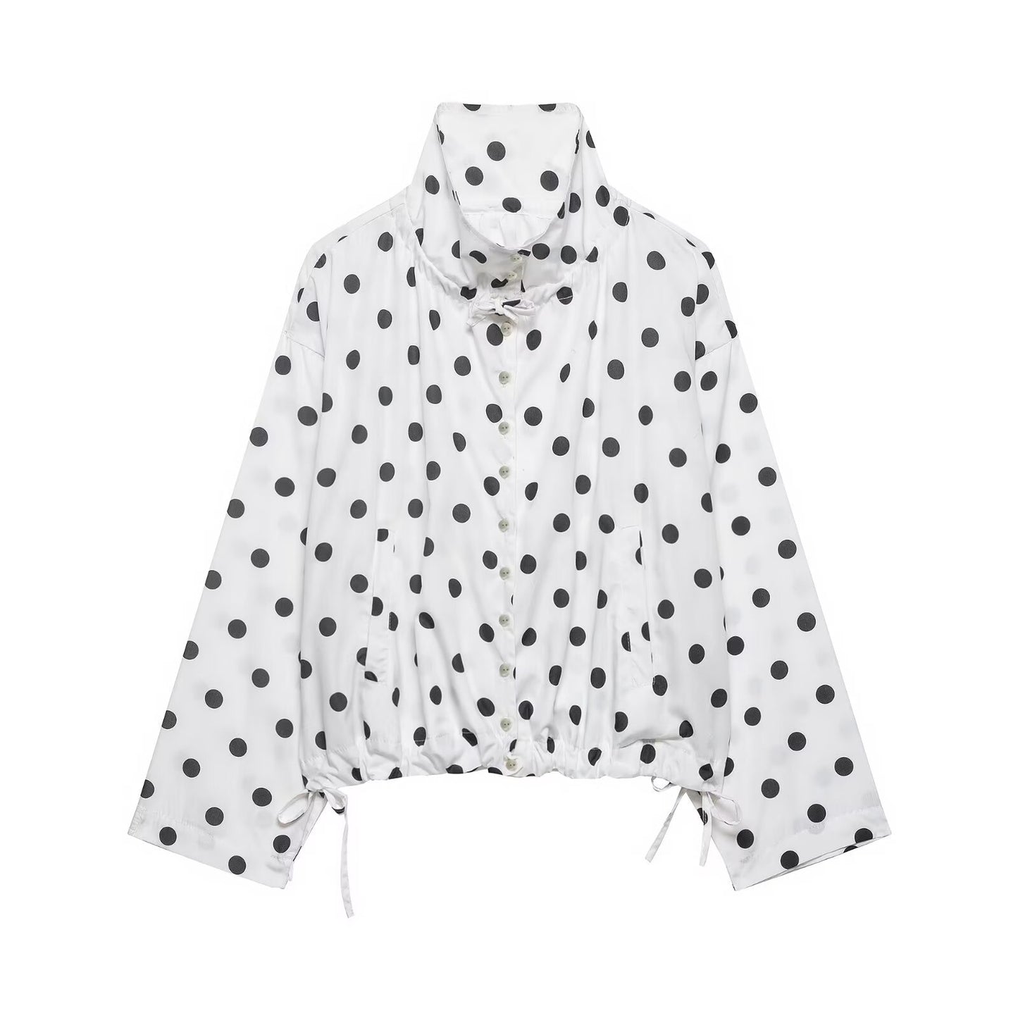 Women's Polka Dot Long-Sleeve Coat | Stand Collar Bow-Tied Single-Breasted Jacket