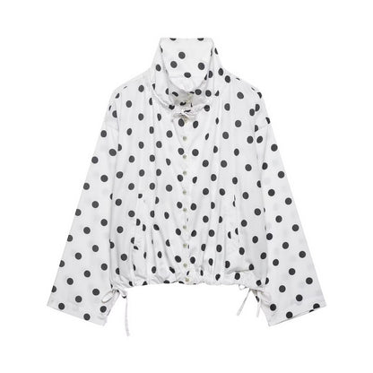Women's Polka Dot Long-Sleeve Coat | Stand Collar Bow-Tied Single-Breasted Jacket