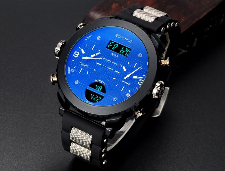 Men's Dual Display Quartz Watch – 3 Time Zones, Waterproof