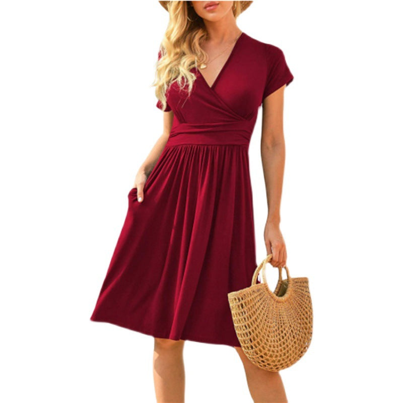 Women's Printed Midi Dress – High Waist, V-Neck & Pocket | S–3XL
