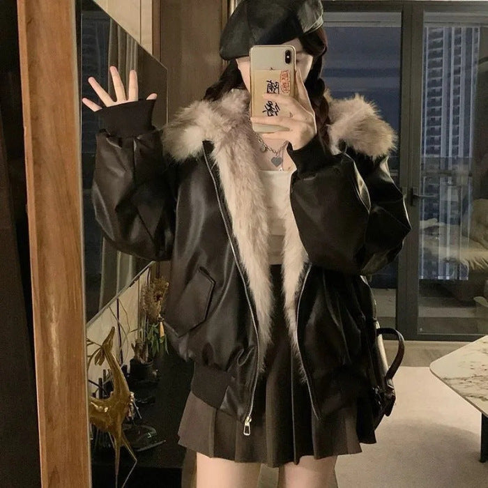 Women's Faux Leather Fur Collar Jacket – Slim Fit Short Coat