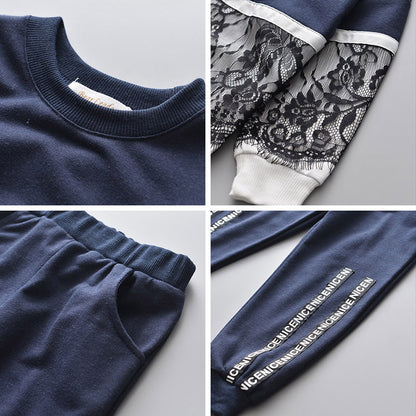 Girls' Lace-Trim Sweatshirt & Trousers Two-Piece Set