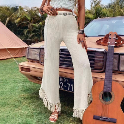 Women's High Waist Tassel Trim Trousers - Resort Style