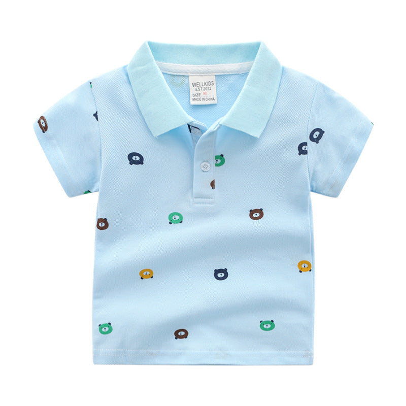 Boys Cartoon Print Cotton Polo Shirt | Kids Short Sleeve Tee