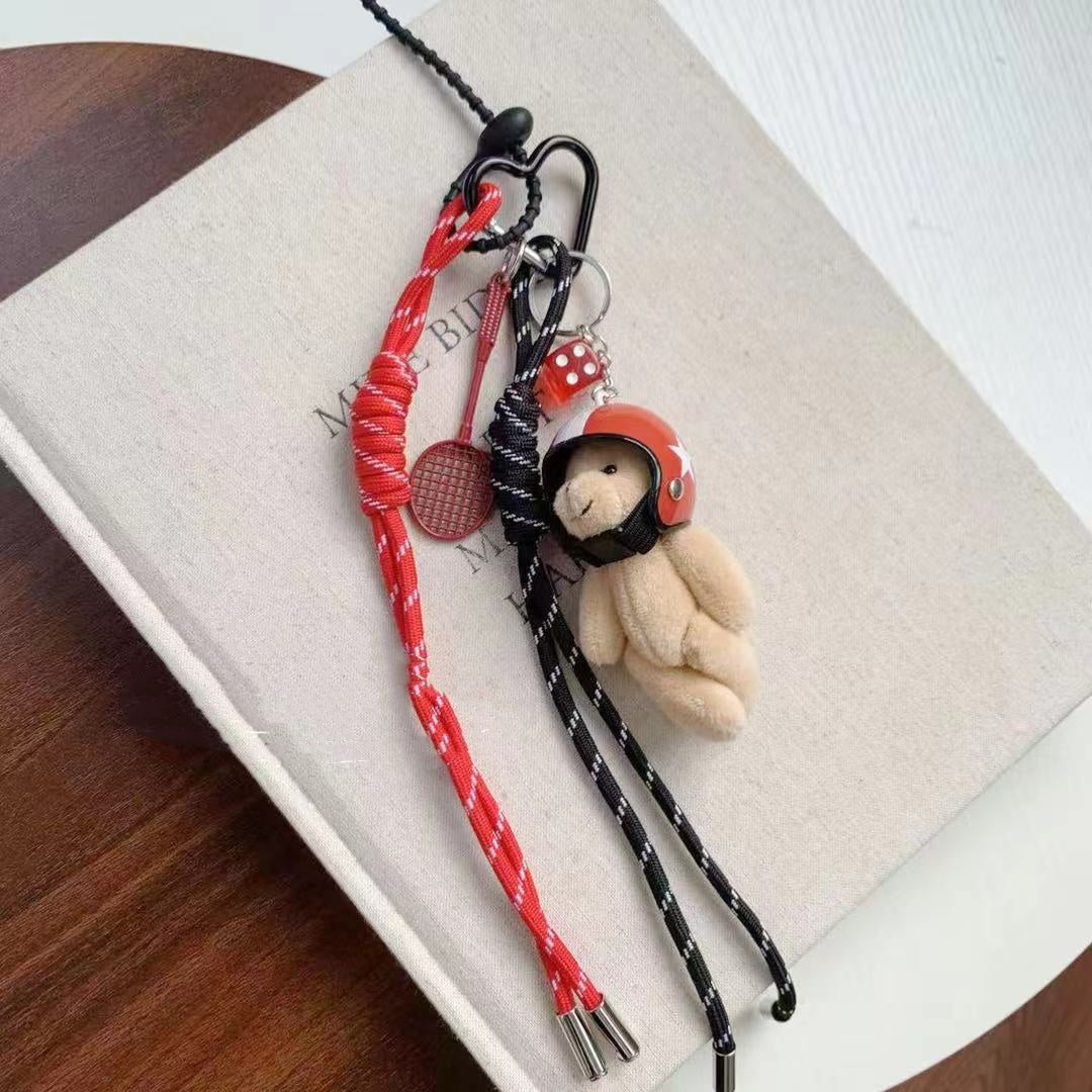 Helmet Bear Plush Doll Keyring | Braided Rope