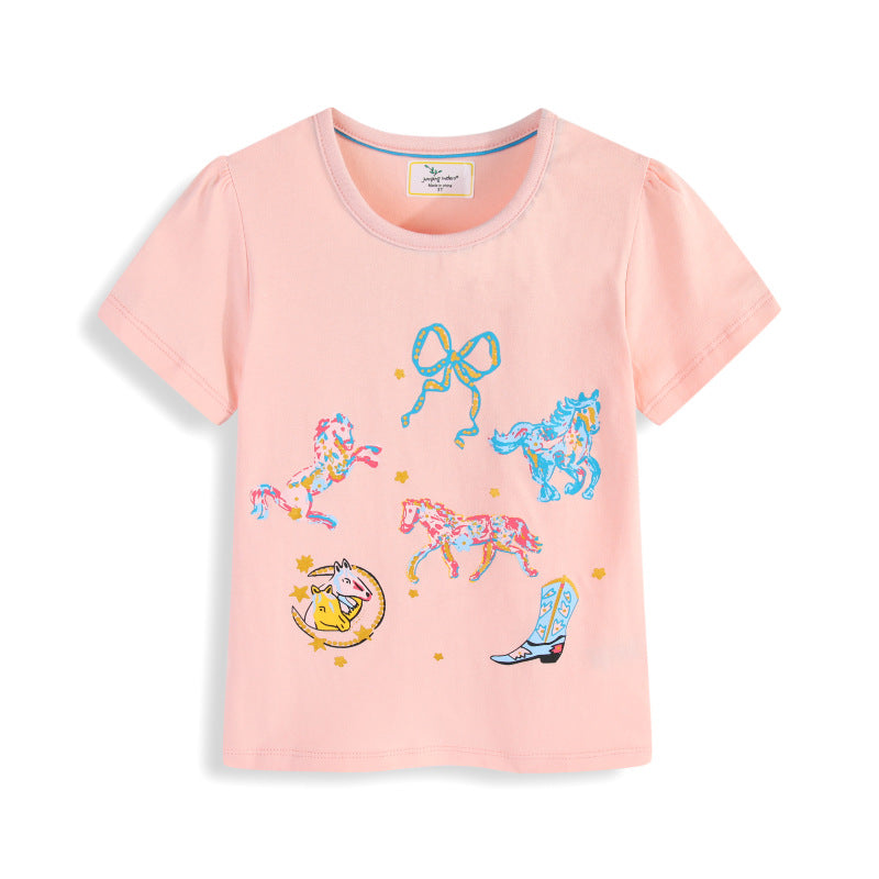 Girls' Cotton Cartoon Crewneck Short-Sleeve T-Shirt