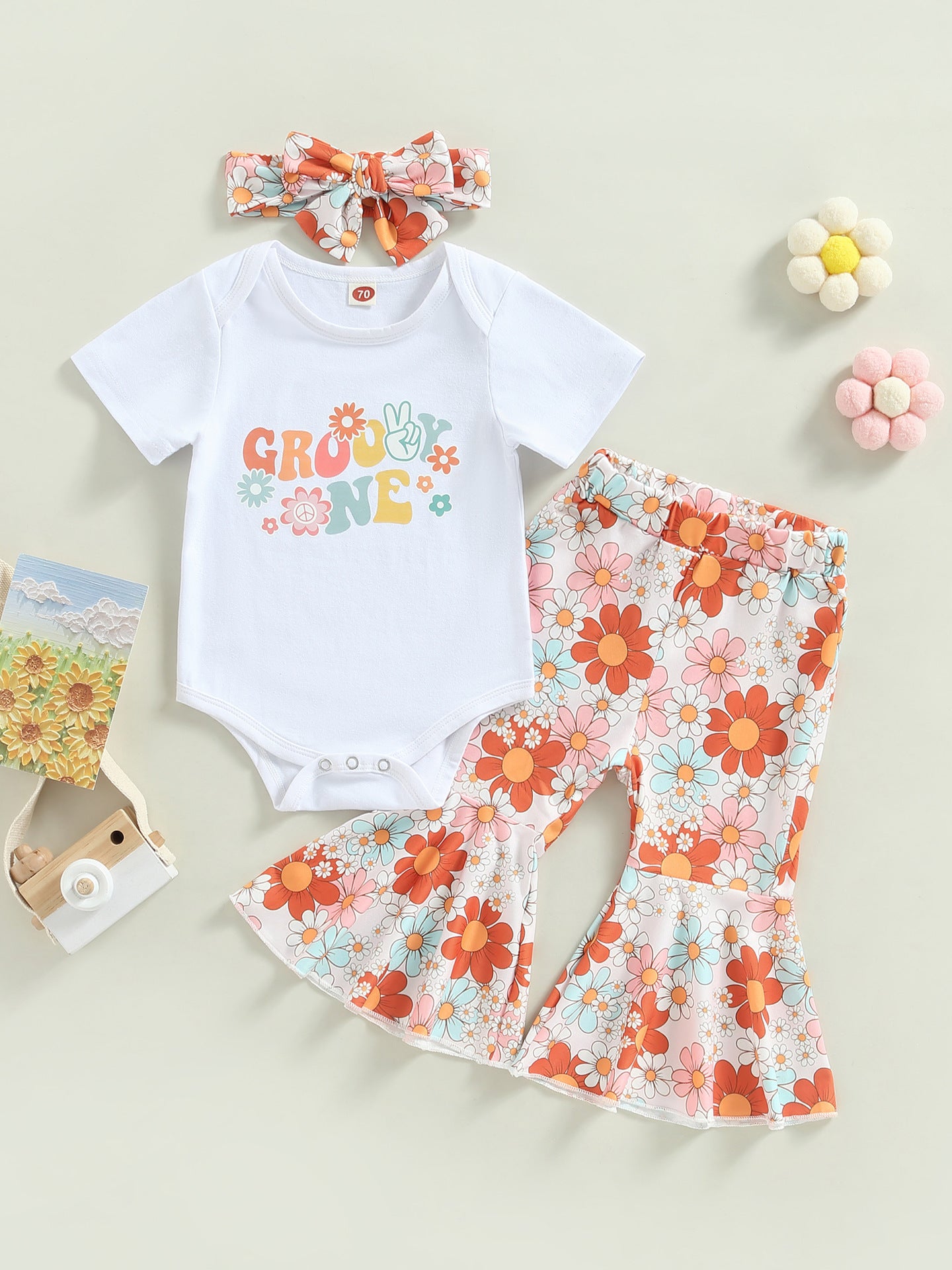 Baby Girls' Floral Romper, Bell-Bottom Pants & Headscarf Set