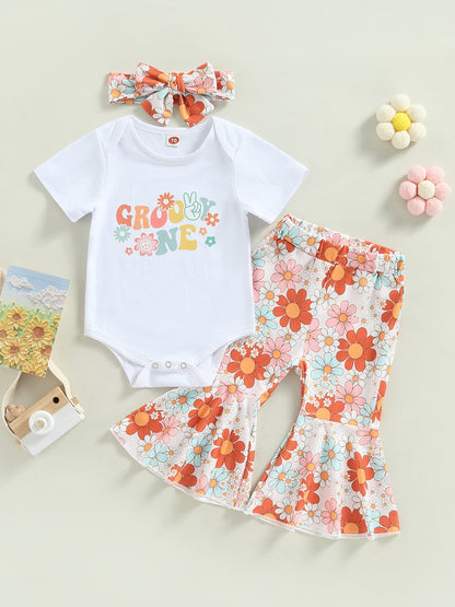 Baby Girls' Floral Romper, Bell-Bottom Pants & Headscarf Set