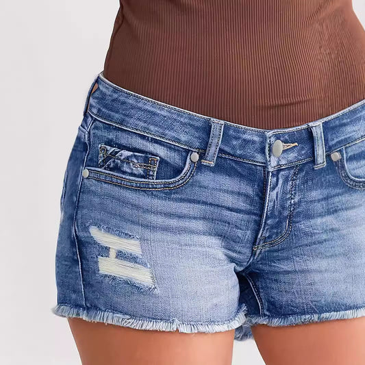 Women's Ripped Patchwork Denim Shorts | Button Fly | Light Blue