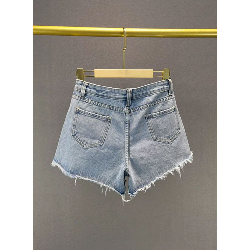 Women's Wide-Leg Denim Shorts | Distressed Cut-Out | Blue
