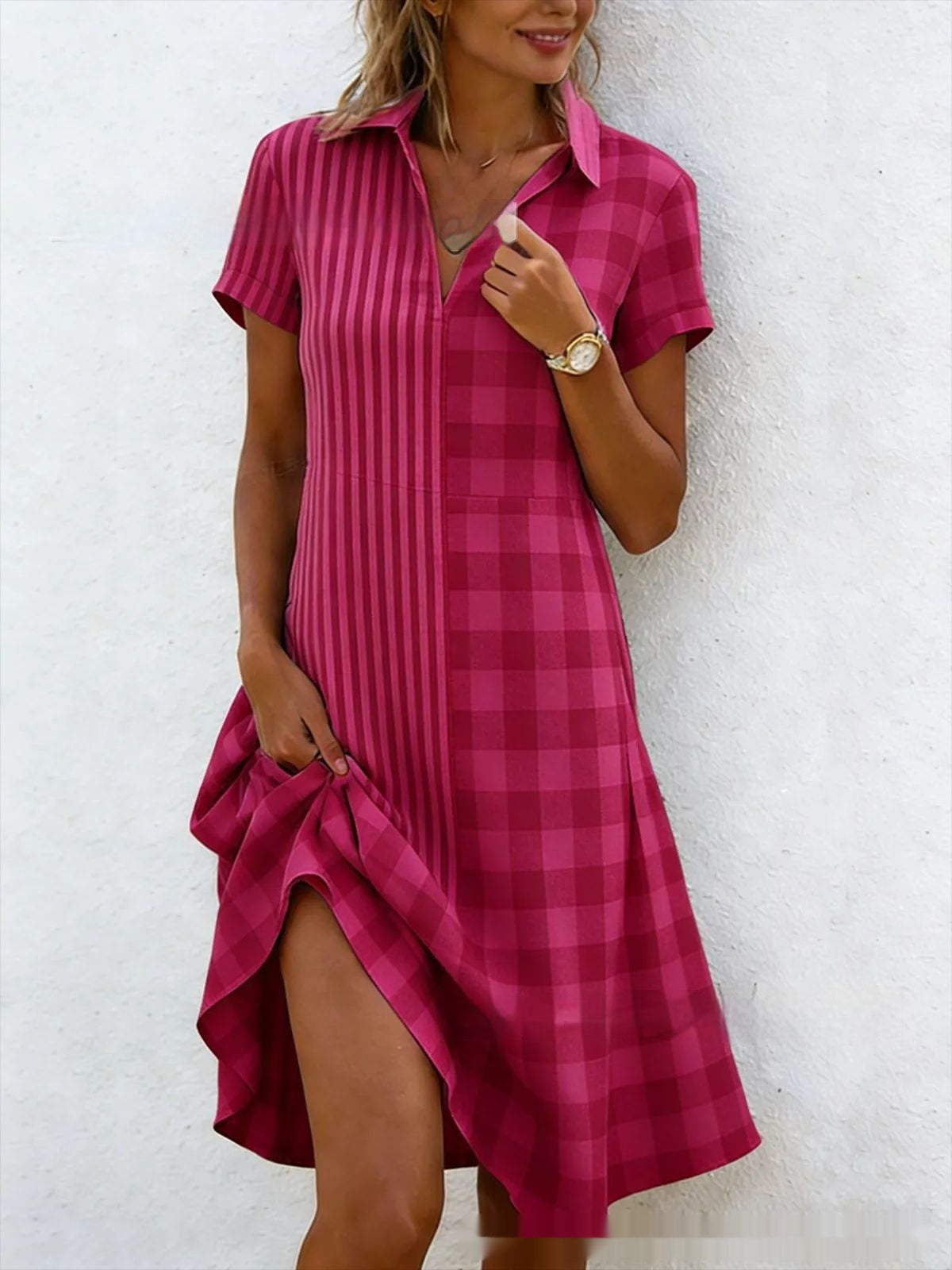 Women's 3D Print V-Neck Short Sleeve Pleated Maxi Dress