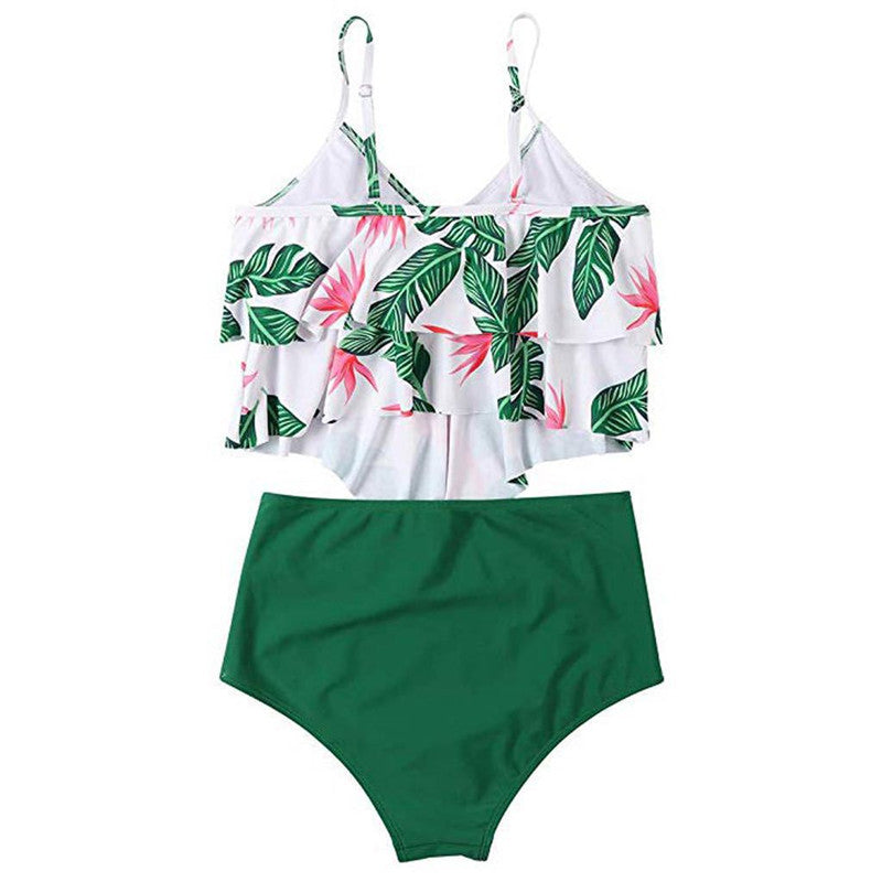 Women's Ruffled Bikini Set – Polyester, Rose Red, Green & Black