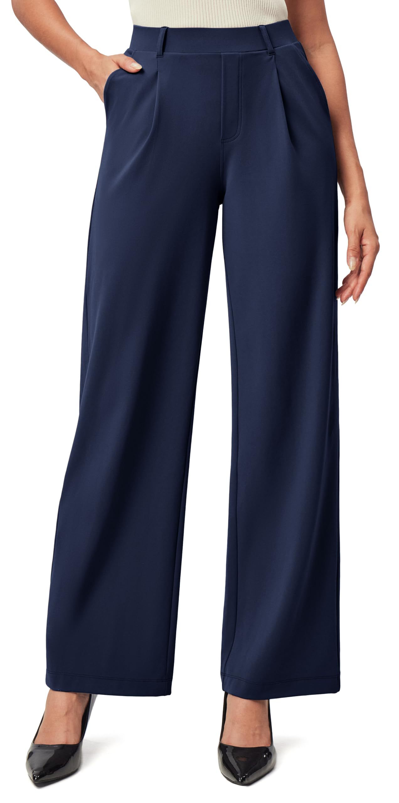 Women's High Waist Wide-Leg Work Trousers - Nylon Blend