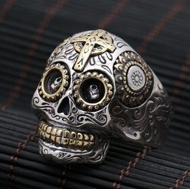 Men's Titanium Steel Cross Skull Ring – Punk Vintage Statement Band Steel & Gold