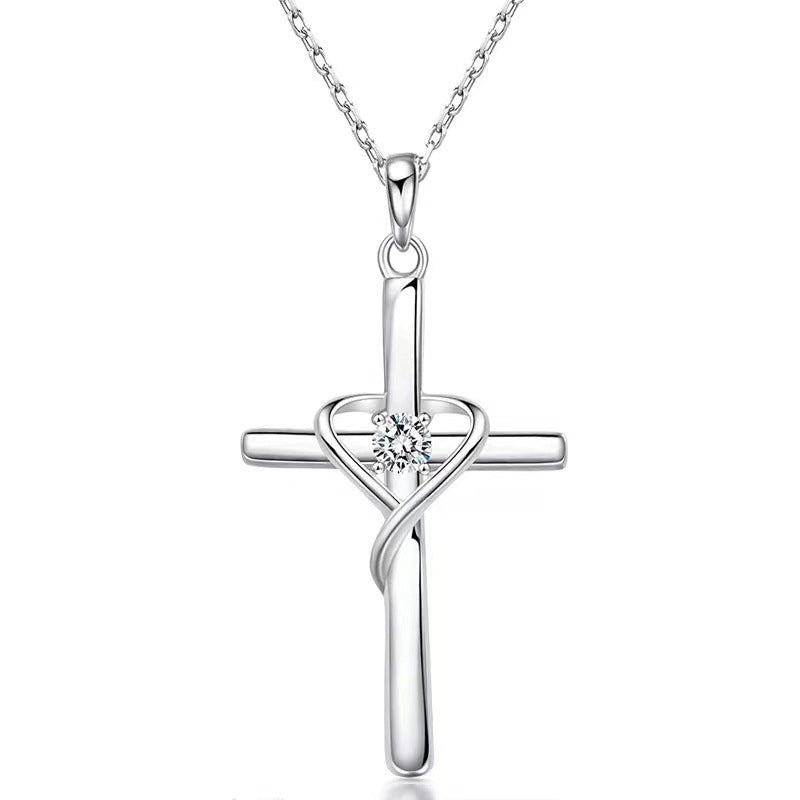 Heart Cross Crystal Pendant Necklace | Electroplated Alloy O-Link Chain for Women